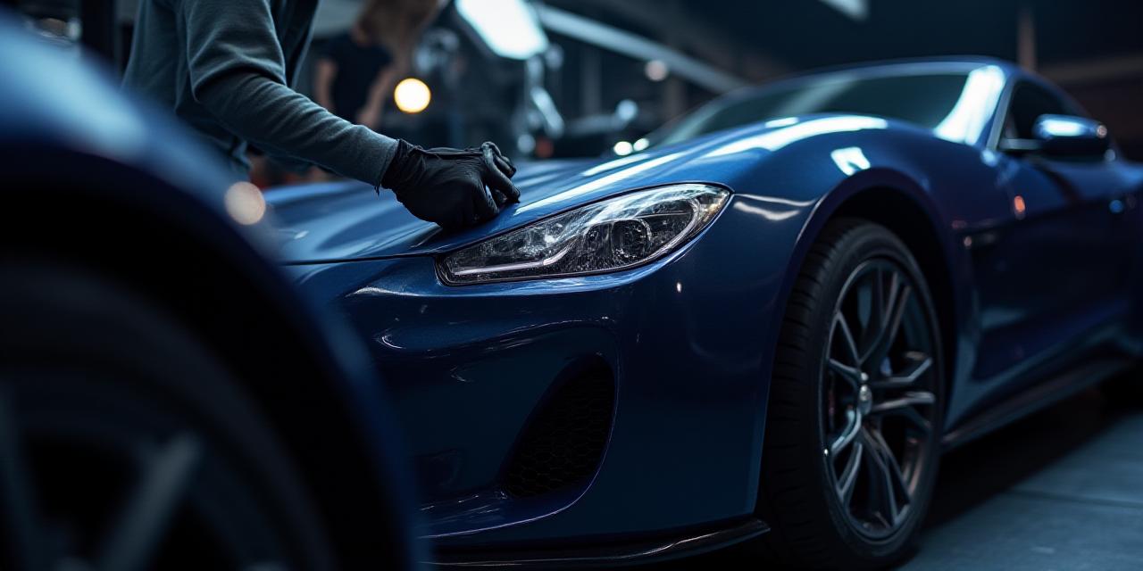 Luxury car being detailed under studio lights